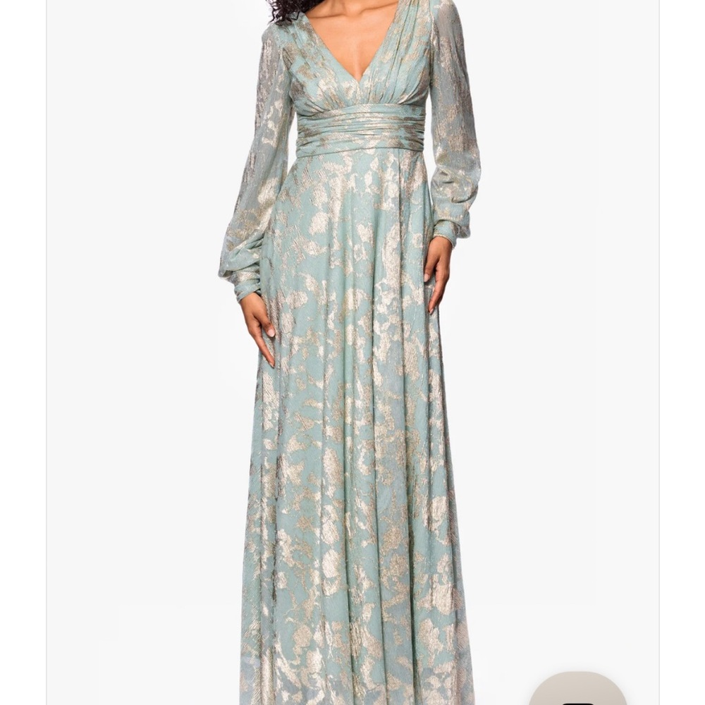 Betsy & Adam Elegant Sage Green with Metallic Floral Long Sleeve Dress .